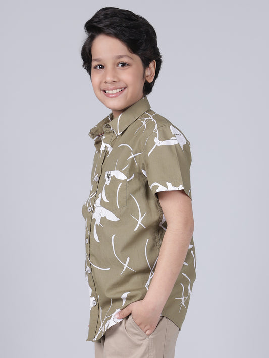 Boys Printed Olive Green Half Sleeves Spread Collar Casual Shirt