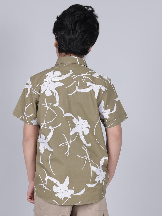 Boys Printed Olive Green Half Sleeves Spread Collar Casual Shirt