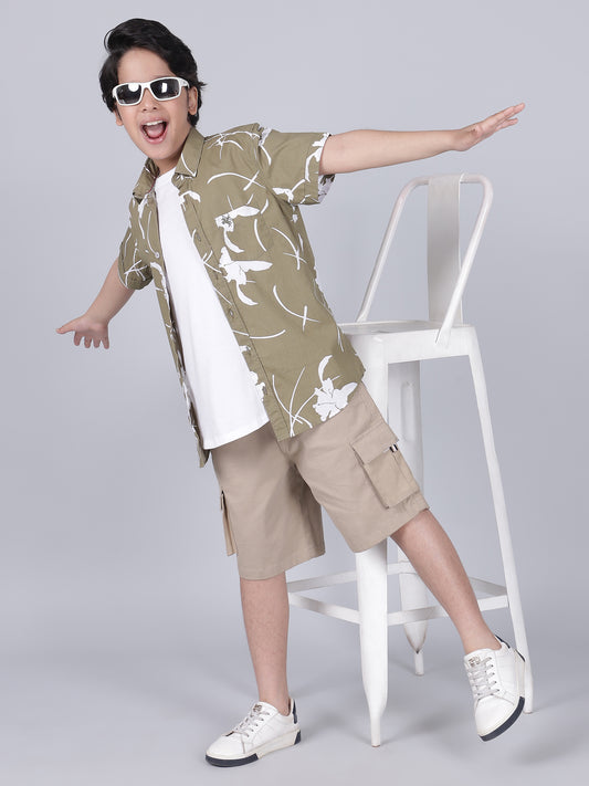 Boys Printed Olive Green Half Sleeves Spread Collar Casual Shirt