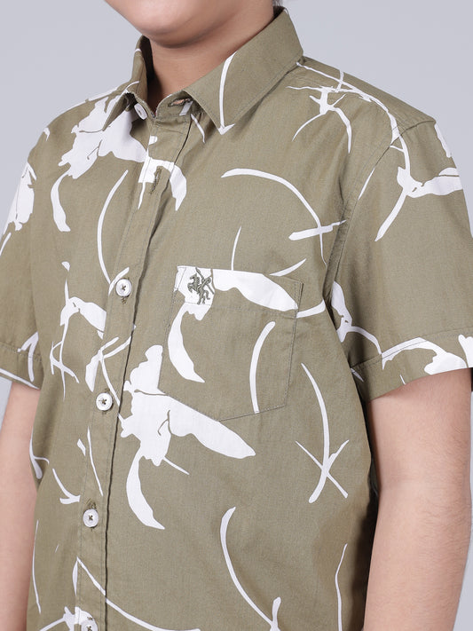 Boys Printed Olive Green Half Sleeves Spread Collar Casual Shirt