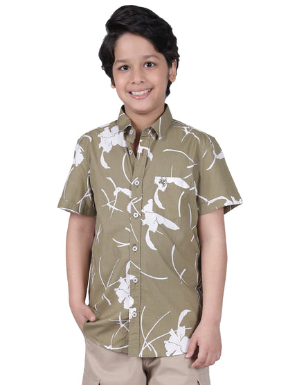 Boys Printed Olive Green Half Sleeves Spread Collar Casual Shirt