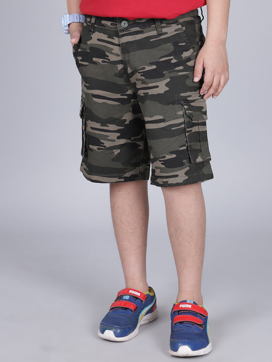 Boys Printed Olive Green Regular Fit Casual Shorts