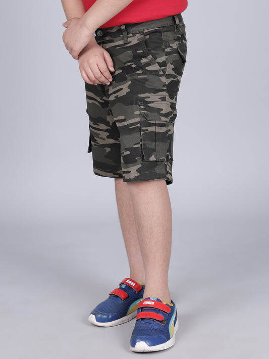 Boys Printed Olive Green Regular Fit Casual Shorts