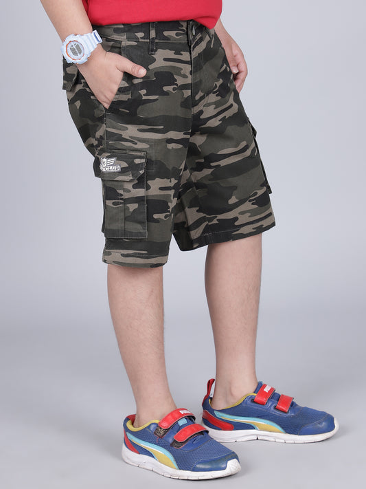 Boys Printed Olive Green Regular Fit Casual Shorts