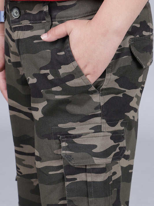 Boys Printed Olive Green Regular Fit Casual Shorts