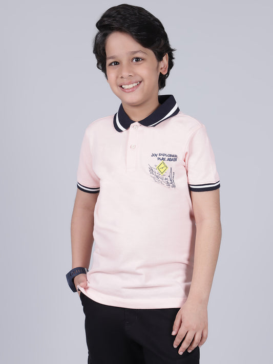 Boys Printed Peach Polo Neck Half Sleeves Casual T-Shirt