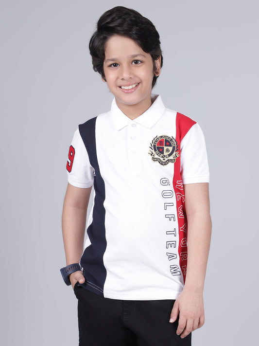 Boys Color Block White Polo Neck Half Sleeves Casual T-Shirt