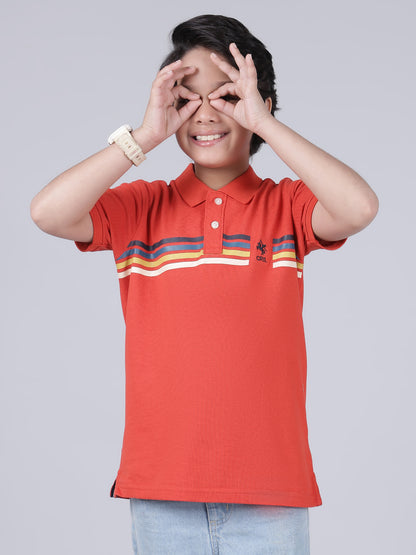 Boys Printed Orange Half Sleeves Polo Neck Casual T-Shirt