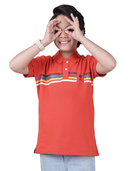 Boys Printed Orange Half Sleeves Polo Neck Casual T-Shirt