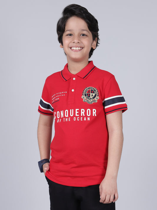 Boys Printed Red Half Sleeves Polo Neck Casual T-Shirt
