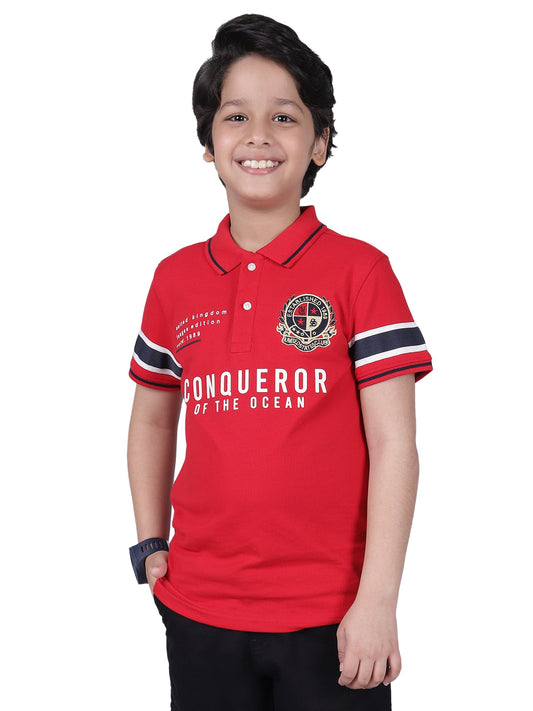 Boys Printed Red Half Sleeves Polo Neck Casual T-Shirt