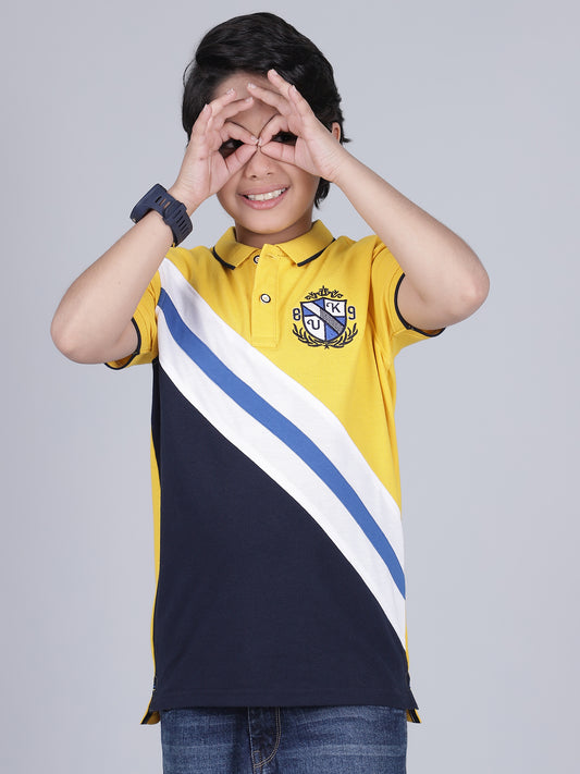 Boys Color Block Yellow Half Sleeves Polo Neck Casual T-Shirt