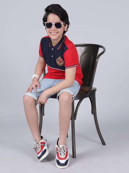Boys Color Block Red Half Sleeves Polo Neck Casual T-Shirt