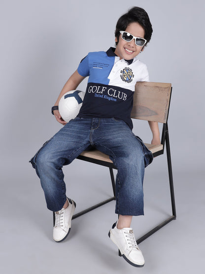 Boys Color Block Navy Blue Half Sleeves Polo Neck Casual T-Shirt