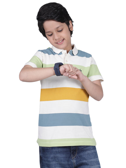 Boys Striped Off-White Polo Neck Half Sleeves Casual T-Shirt
