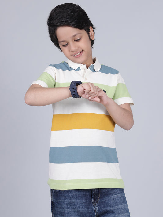 Boys Striped Off-White Polo Neck Half Sleeves Casual T-Shirt