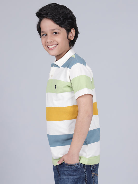 Boys Striped Off-White Polo Neck Half Sleeves Casual T-Shirt