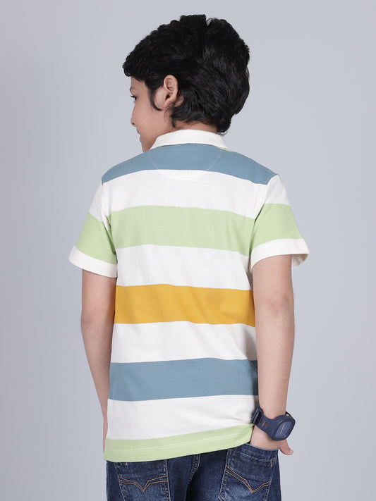 Boys Striped Off-White Polo Neck Half Sleeves Casual T-Shirt