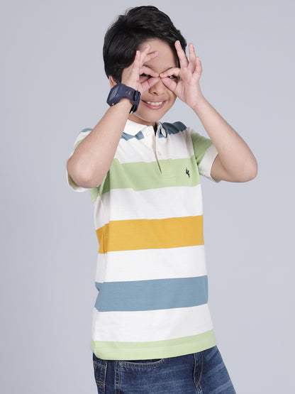 Boys Striped Off-White Polo Neck Half Sleeves Casual T-Shirt