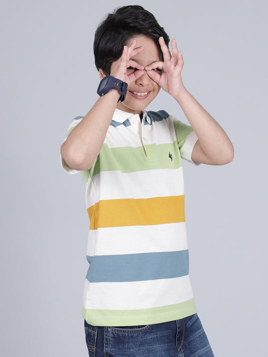 Boys Striped Off-White Polo Neck Half Sleeves Casual T-Shirt