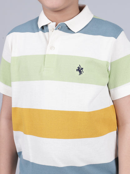 Boys Striped Off-White Polo Neck Half Sleeves Casual T-Shirt