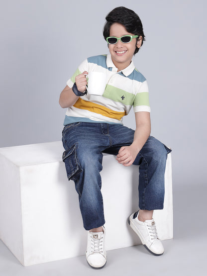 Boys Striped Off-White Polo Neck Half Sleeves Casual T-Shirt