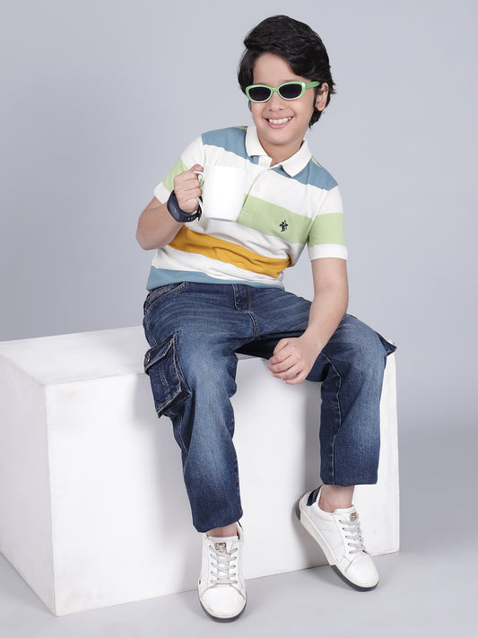 Boys Striped Off-White Polo Neck Half Sleeves Casual T-Shirt