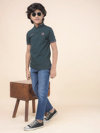 Casual T-Shirt for Boys l Breathable & Soft with Color Fastness Regular Fit Mandarin Collar Poly Cotton Fabric Self Design Pattern