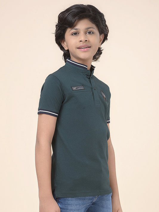 Casual T-Shirt for Boys l Breathable & Soft with Color Fastness Regular Fit Mandarin Collar Poly Cotton Fabric Self Design Pattern