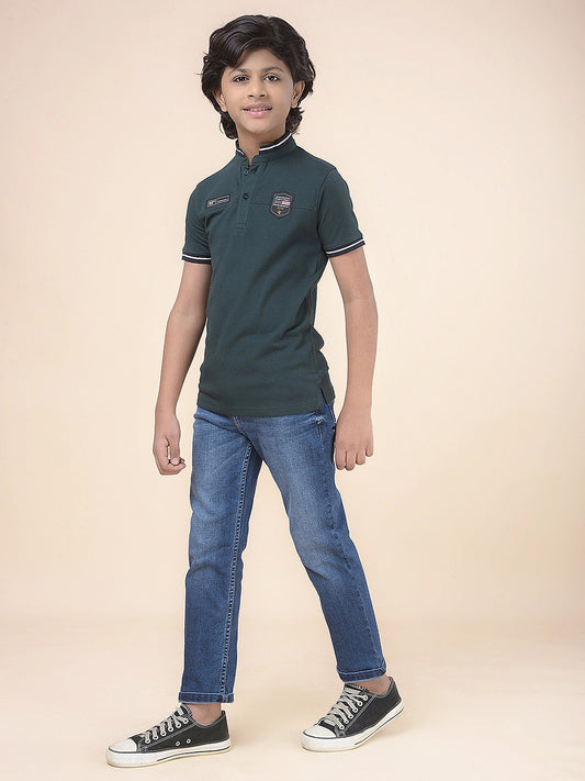 Casual T-Shirt for Boys l Breathable & Soft with Color Fastness Regular Fit Mandarin Collar Poly Cotton Fabric Self Design Pattern