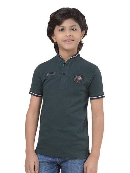 Casual T-Shirt for Boys l Breathable & Soft with Color Fastness Regular Fit Mandarin Collar Poly Cotton Fabric Self Design Pattern