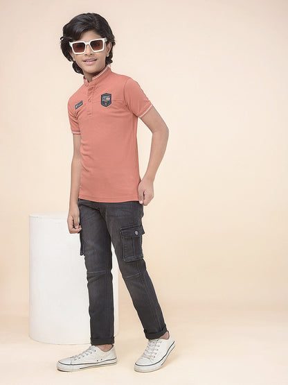 Casual T-Shirt for Boys l Breathable & Soft with Color Fastness Regular Fit Mandarin Collar Poly Cotton Fabric Self Design Pattern