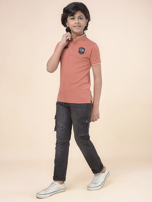 Casual T-Shirt for Boys l Breathable & Soft with Color Fastness Regular Fit Mandarin Collar Poly Cotton Fabric Self Design Pattern