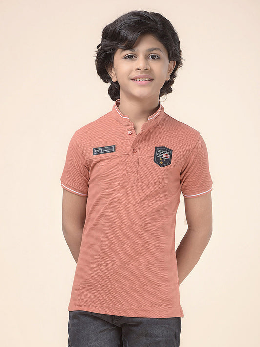 Casual T-Shirt for Boys l Breathable & Soft with Color Fastness Regular Fit Mandarin Collar Poly Cotton Fabric Self Design Pattern