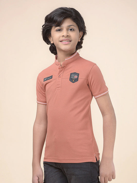 Casual T-Shirt for Boys l Breathable & Soft with Color Fastness Regular Fit Mandarin Collar Poly Cotton Fabric Self Design Pattern