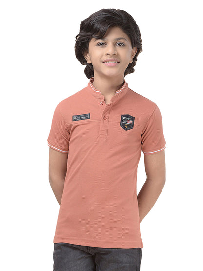 Casual T-Shirt for Boys l Breathable & Soft with Color Fastness Regular Fit Mandarin Collar Poly Cotton Fabric Self Design Pattern