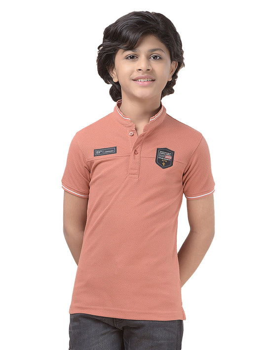 Casual T-Shirt for Boys l Breathable & Soft with Color Fastness Regular Fit Mandarin Collar Poly Cotton Fabric Self Design Pattern