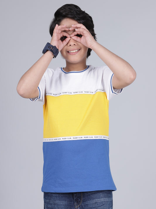 Boys Color Block Yellow Half Sleeves Round Neck Casual T-Shirt