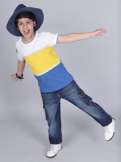 Boys Color Block Yellow Half Sleeves Round Neck Casual T-Shirt