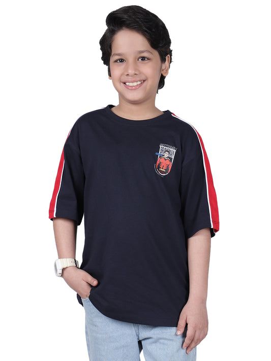 Boys Printed Light Navy Round Neck Half Sleeves Casual T-Shirt