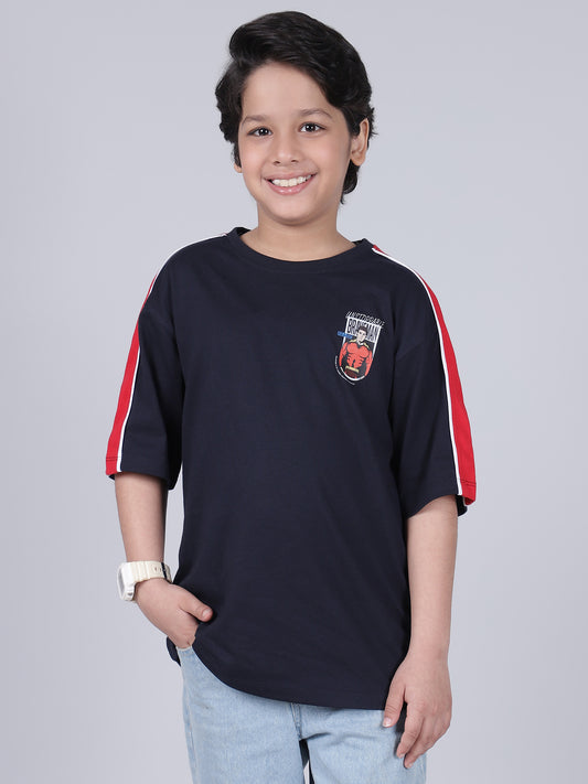 Boys Printed Light Navy Round Neck Half Sleeves Casual T-Shirt