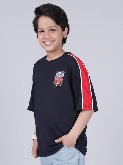 Boys Printed Light Navy Round Neck Half Sleeves Casual T-Shirt