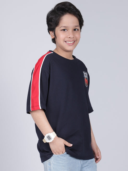 Boys Printed Light Navy Round Neck Half Sleeves Casual T-Shirt