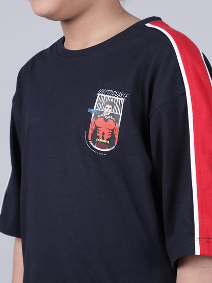 Boys Printed Light Navy Round Neck Half Sleeves Casual T-Shirt