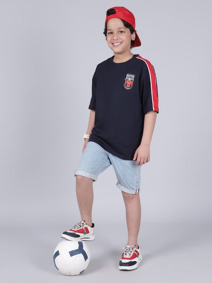 Boys Printed Light Navy Round Neck Half Sleeves Casual T-Shirt