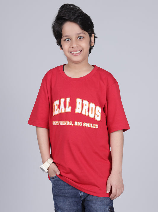 Boys Printed Red Half Sleeves Round Neck Casual T-Shirt