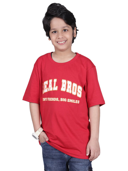 Boys Printed Red Half Sleeves Round Neck Casual T-Shirt
