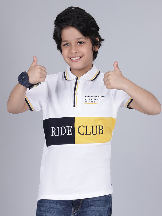 Boys Color Block White Half Sleeves Polo Neck Casual T-Shirt