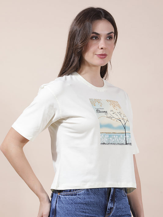 T-Shirt for Women l Breathable & Soft with Color Fastness Regular Fit Round Neck Cotton Blend Fabric Printed Pattern