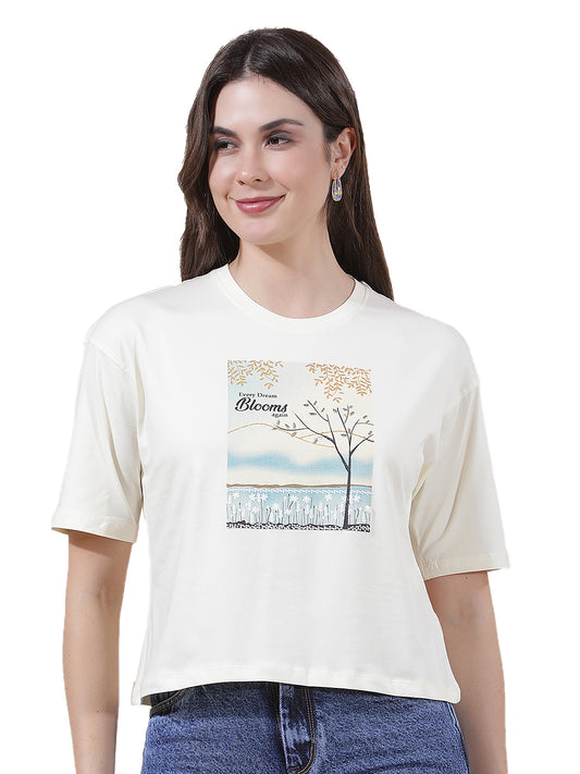 T-Shirt for Women l Breathable & Soft with Color Fastness Regular Fit Round Neck Cotton Blend Fabric Printed Pattern